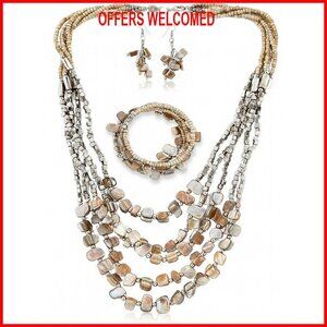 Stainless Steel Beaded Jewelry Set - 22 Inch Necklace Earrings Bracelet